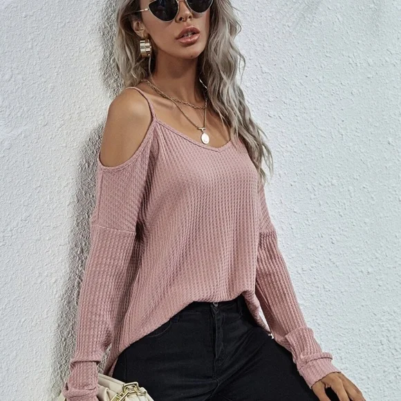 Boho Pink off shoulder waffle long sleeve knit top - Picture 10 of 16